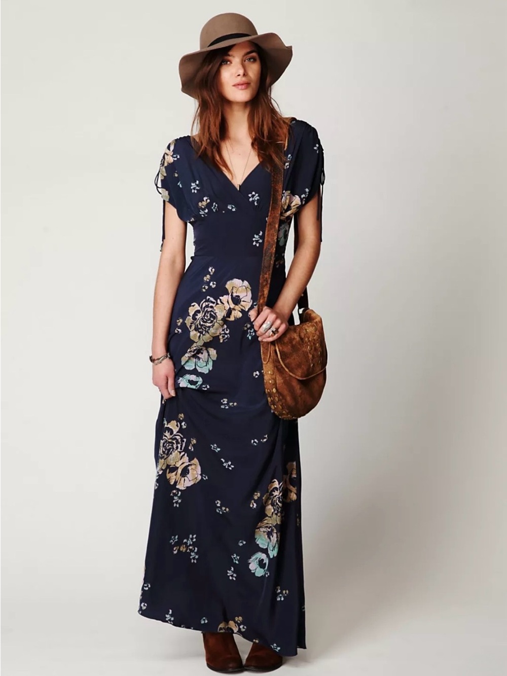 Free People Navy Floral V-Neck Maxi Dress with Pastel Blooms